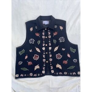 Vintage New Directions Wool Felt Fall Autumn Embroidered Vest W/ Wood Buttons 3X